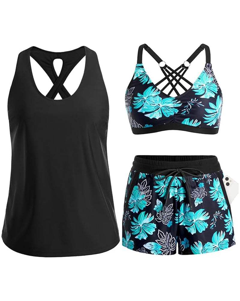 Conjunto de playa con top sin mangas cruzado y pantalón estampado con cordón ajustable.