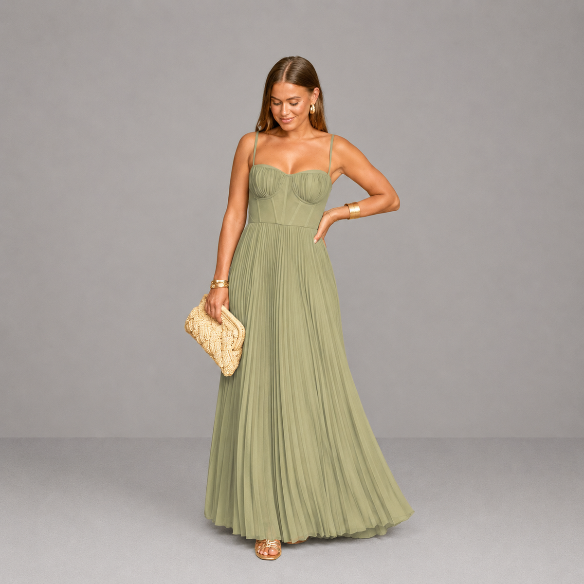 Vestido largo de mujer verde plisado