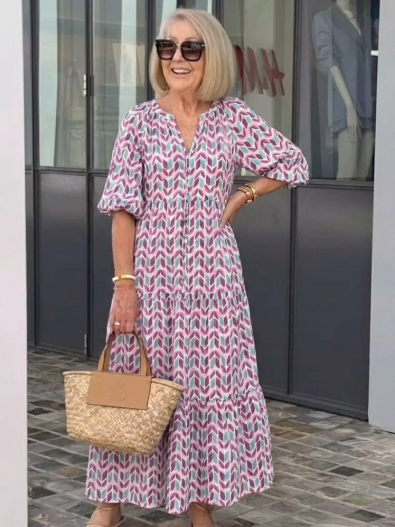 Mireya | Vestido midi de capas con estampado geométrico y manga larga