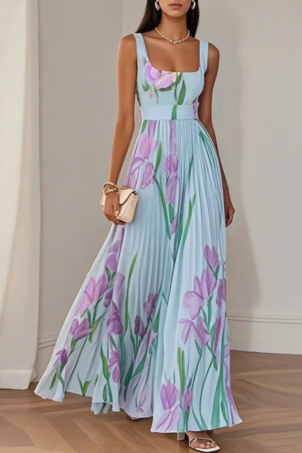 Vestido largo mujer multicolor escote cuadrado plisado floral sin mangas