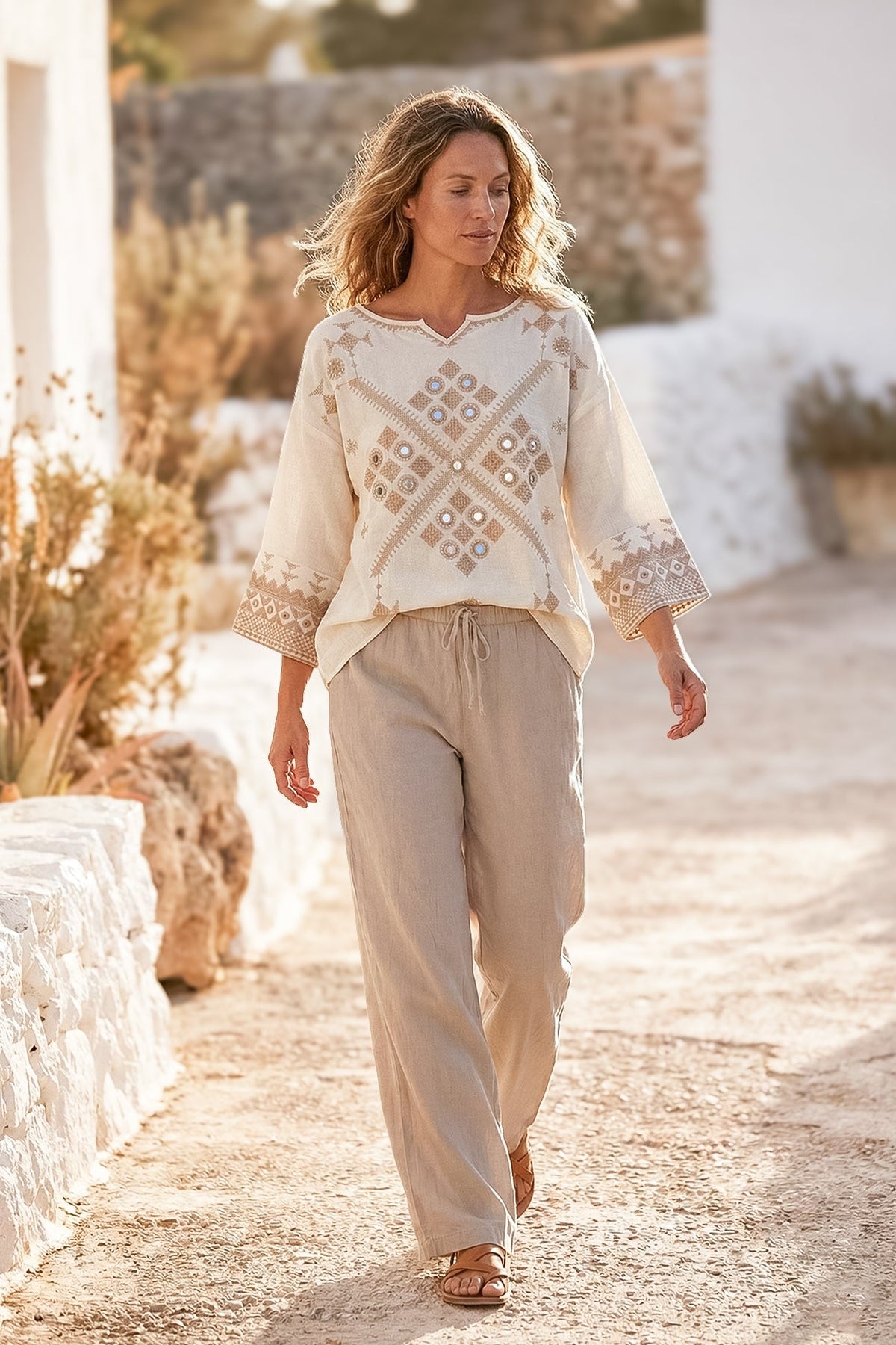 LAIA™ | Pantalone Ricamato Beige