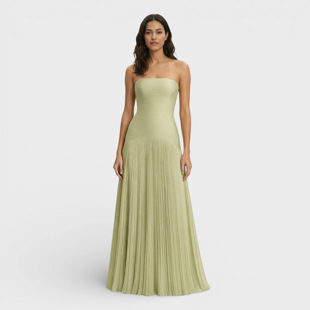 Vestido largo mujer verde claro palabra de honor fruncido plisado