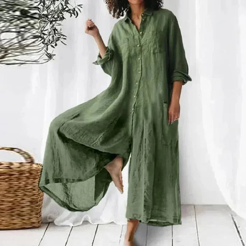 Vestido largo abotonado fluido con bolsillos y mangas largas