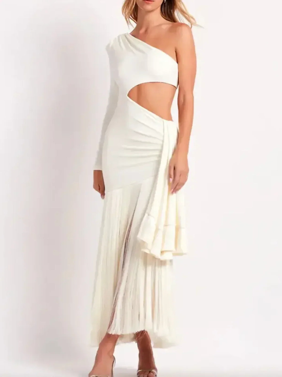 Vestido largo mujer asimétrico con flecos y recortes