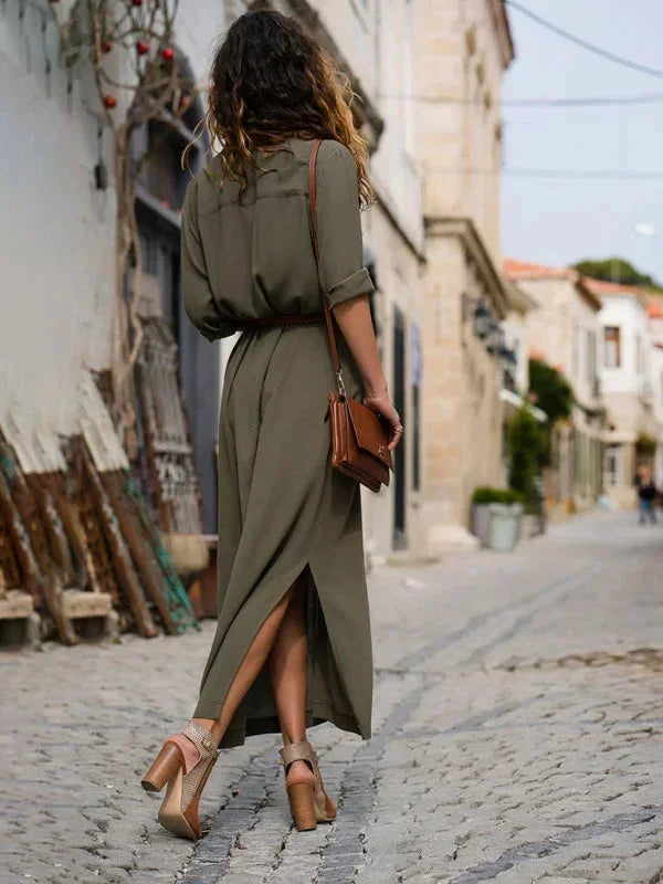 Vestido largo mujer con cinturón, escote en V y botones