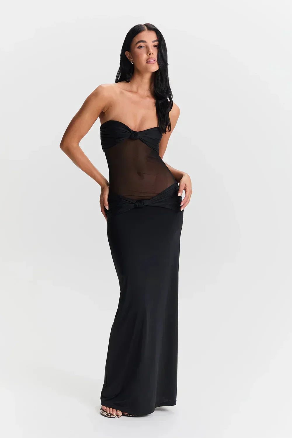 Vestido largo mujer palabra de honor con detalle transparente lazo