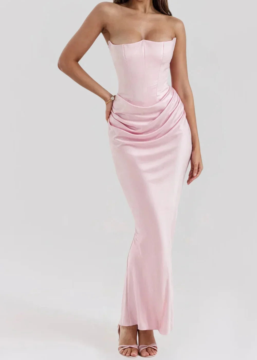 Vestido largo mujer palabra de honor fruncido satinado de noche