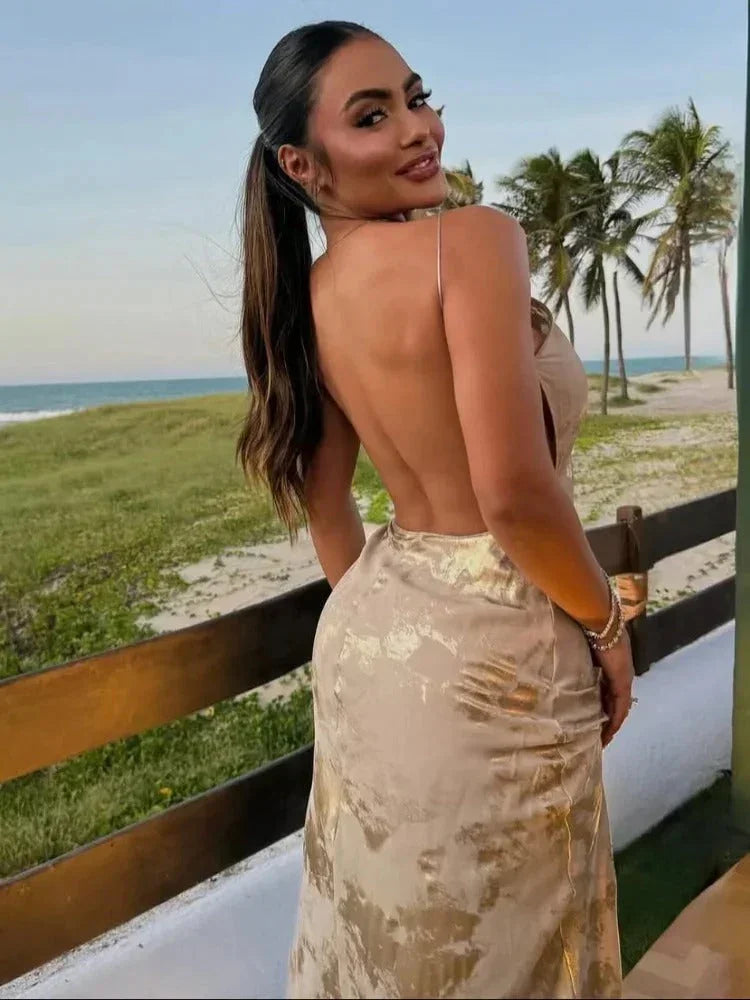 Vestido largo mujer dorado con tirantes finos