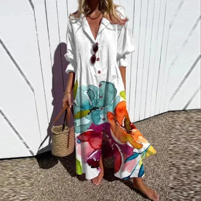 Vestido largo mujer estampado floral con escote en V y mangas a media manga