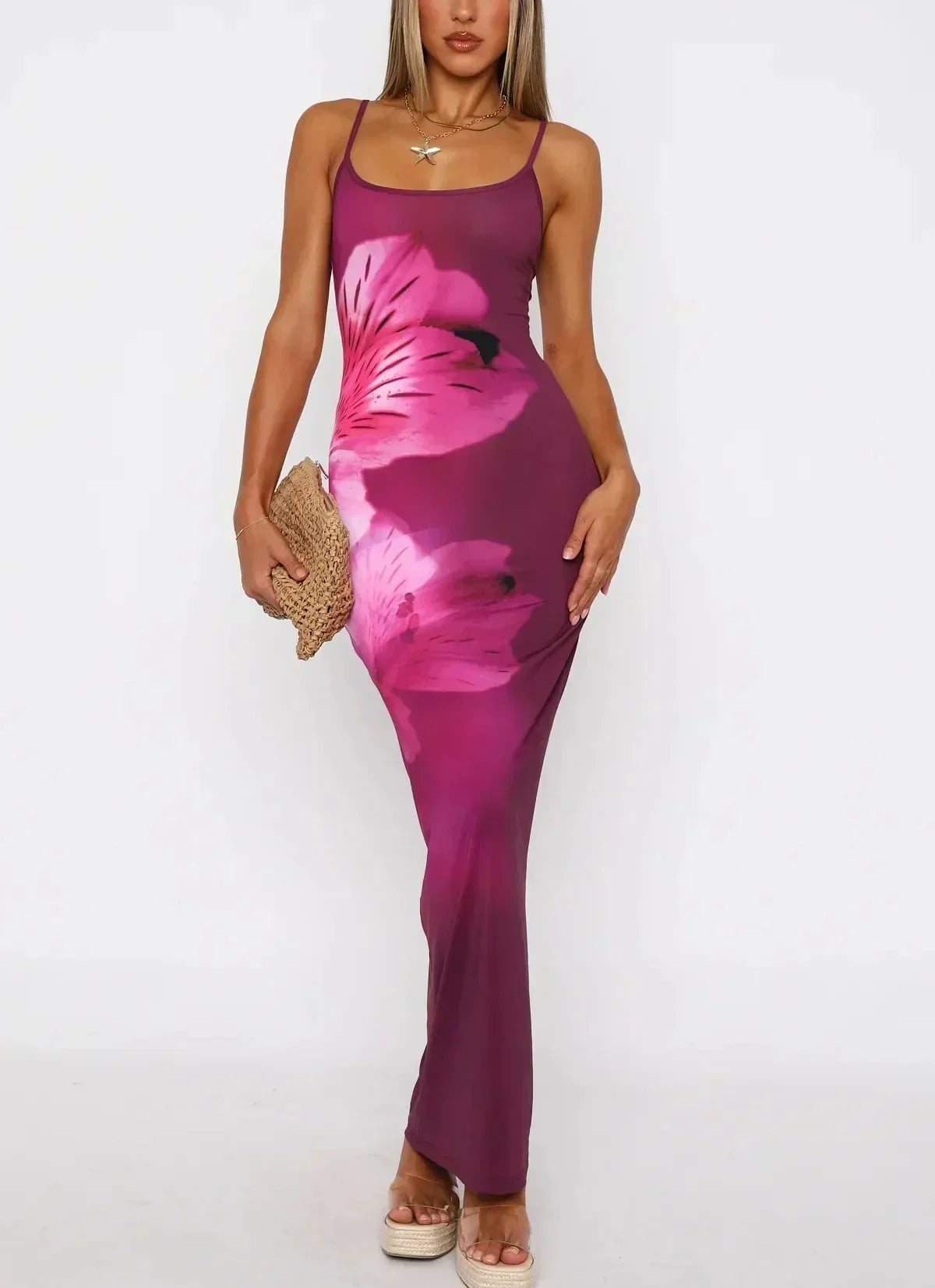 Vestido largo mujer con estampado artístico y tirantes