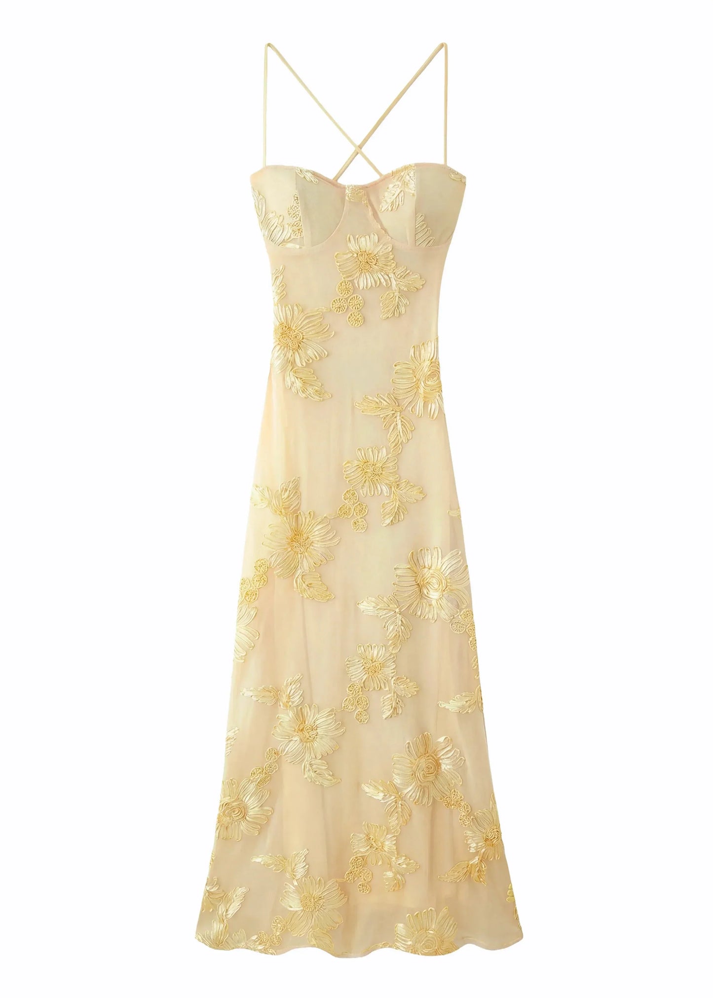 Vestido largo amarillo con bordado floral para mujer