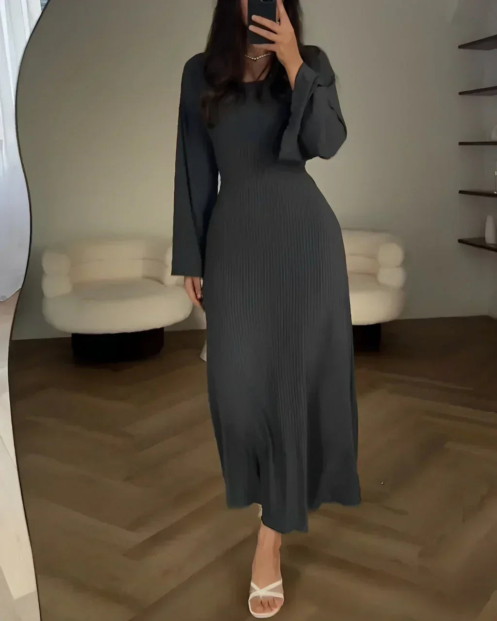 Vestido largo mujer lila con escote cuadrado y mangas largas