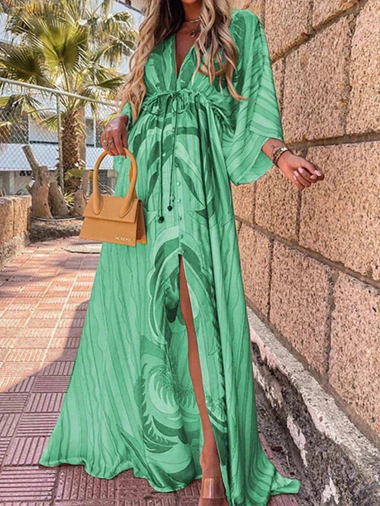Vestido largo mujer estampado con cinturón y mangas largas