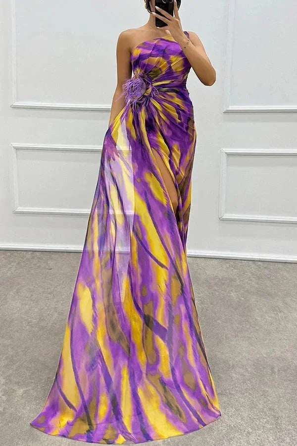 Vestido largo mujer de noche estampado con abertura y tirante