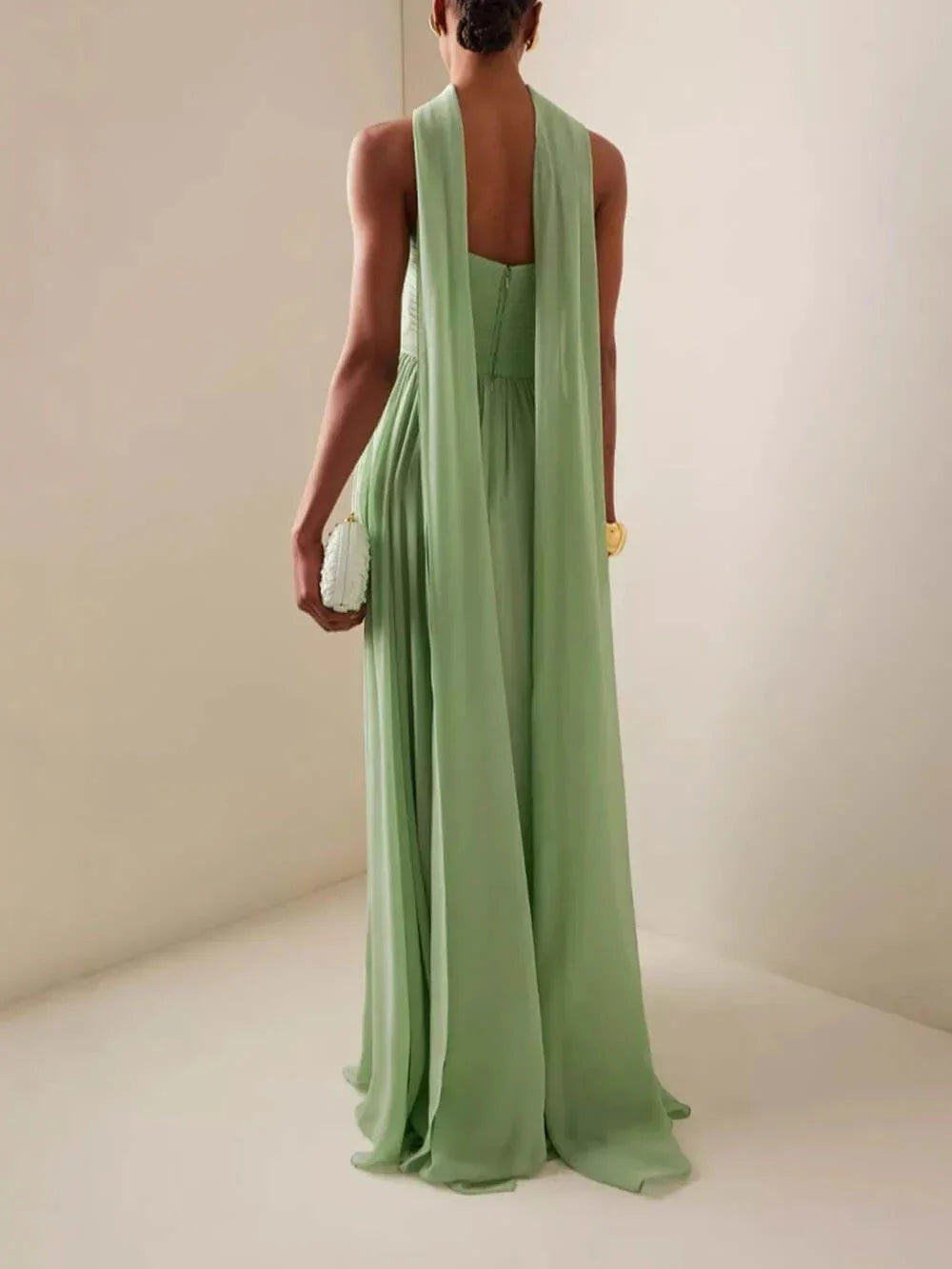 Vestido largo verde plisado con palabra de honor para mujer
