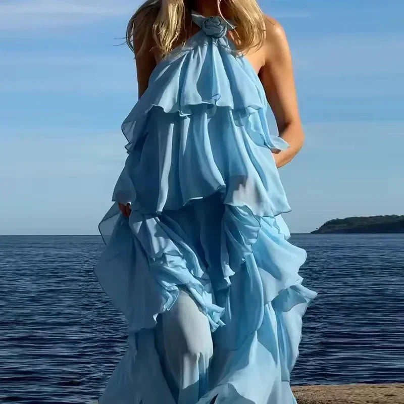 Vestido largo mujer con volantes y lazo
