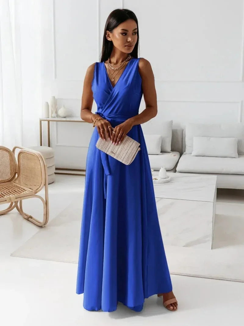 Vestido largo mujer plisado con cinturón y cuello en V