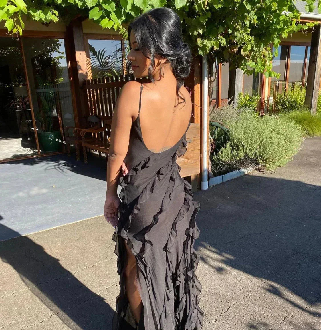 Vestido largo de fiesta mujer con volantes y tirantes finos