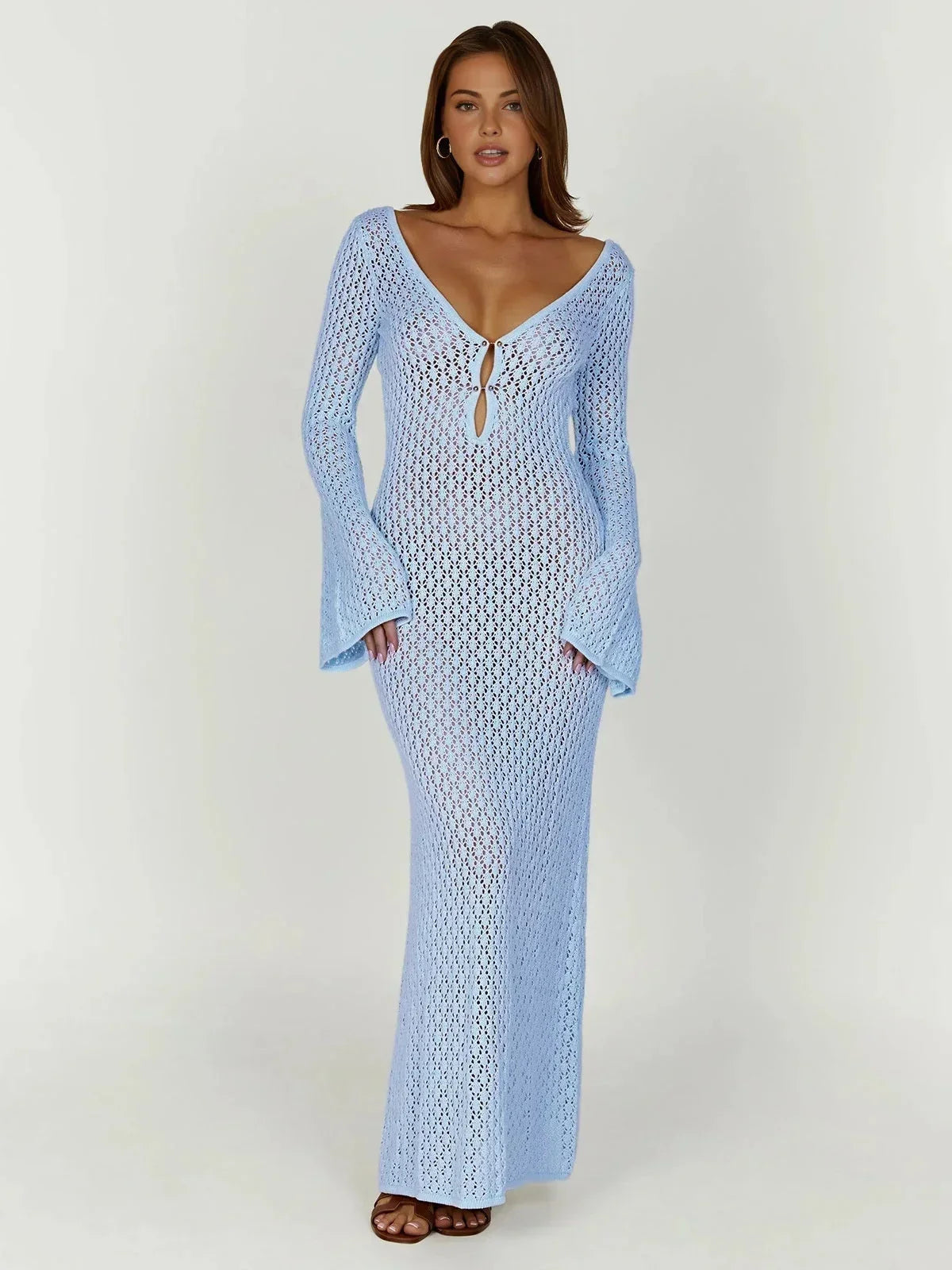 Vestido largo mujer de crochet con mangas largas caladas