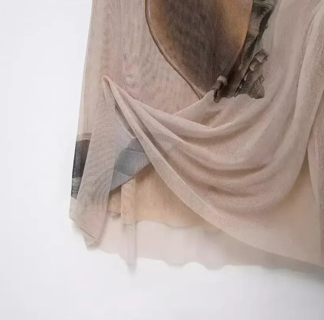 Vestido largo mujer sin mangas beige con estampado de conchas
