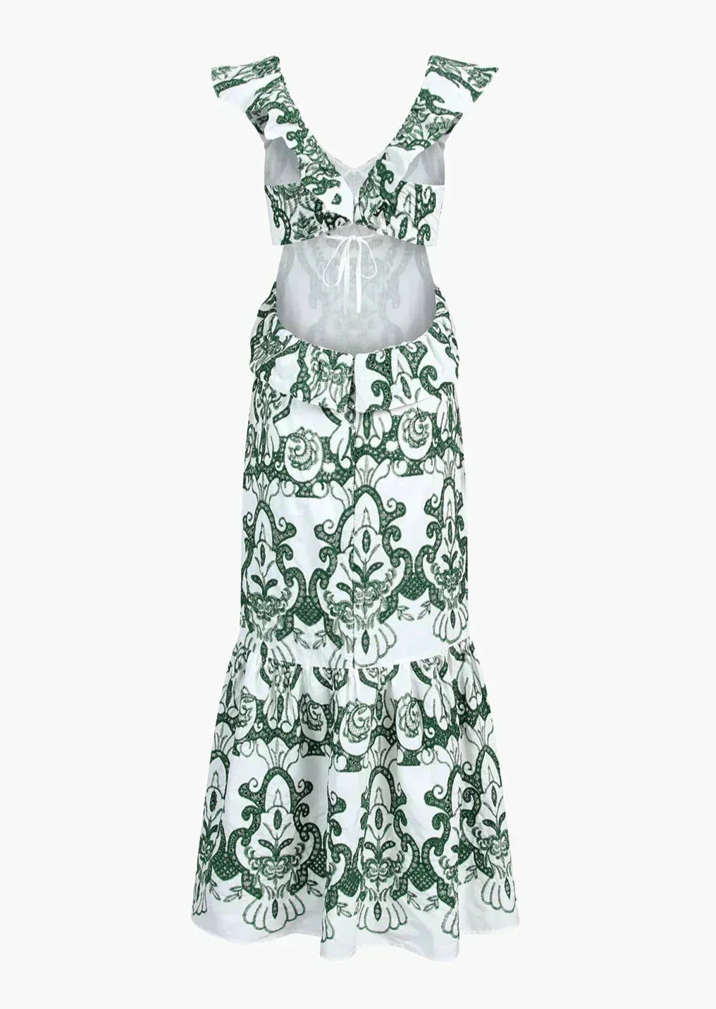 Vestido largo mujer estampado verde y blanco con volantes