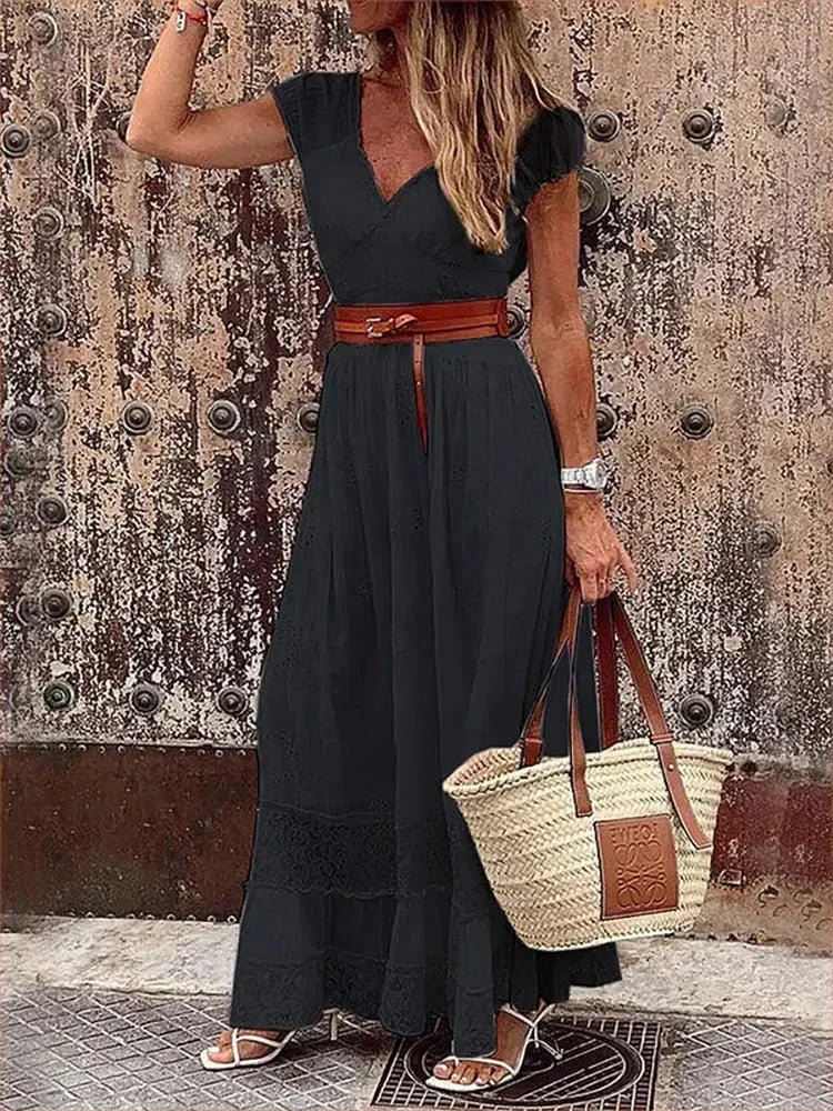 Vestido largo mujer con encaje calado y cinturón