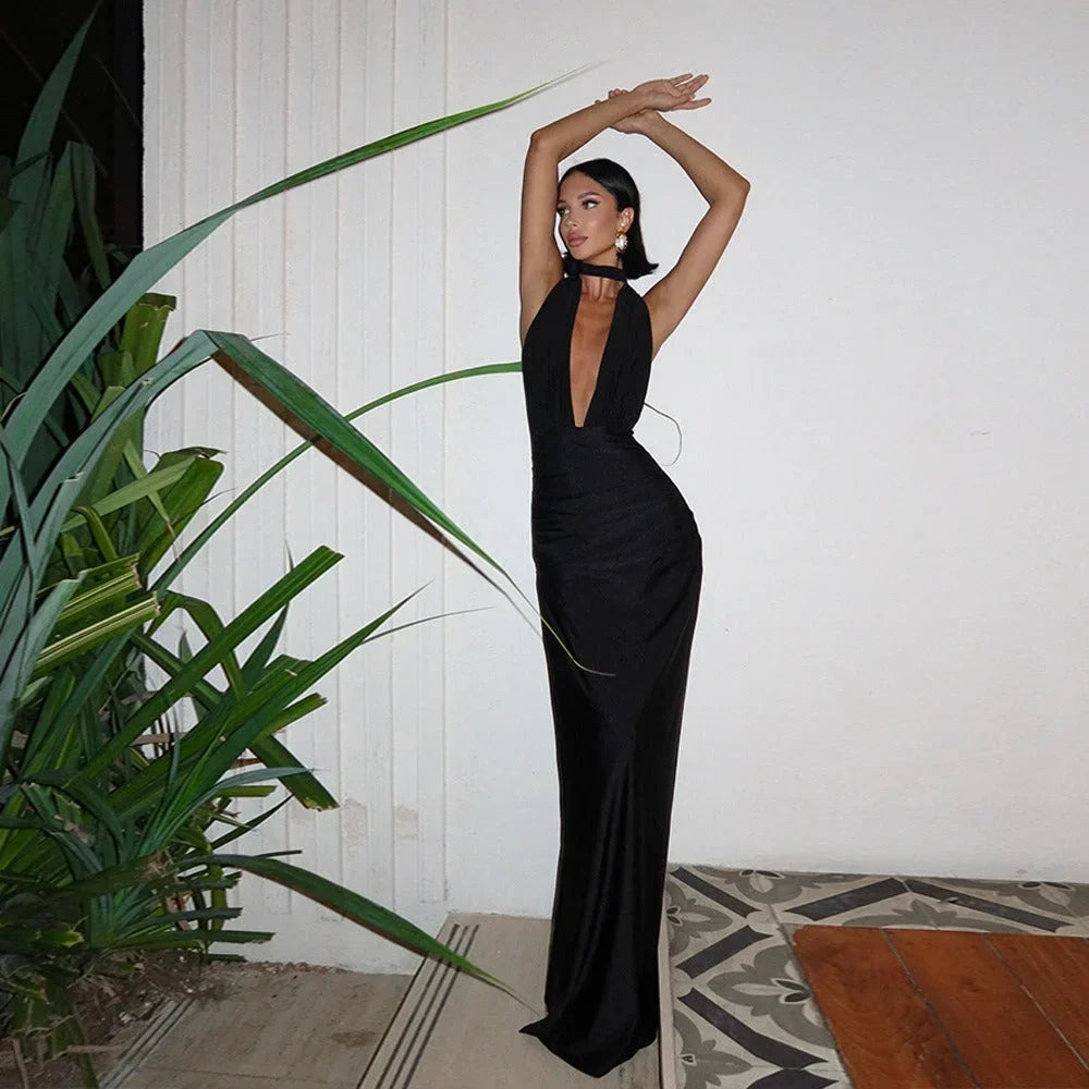 Vestido largo espalda descubierta blanco y negro con escote para noche