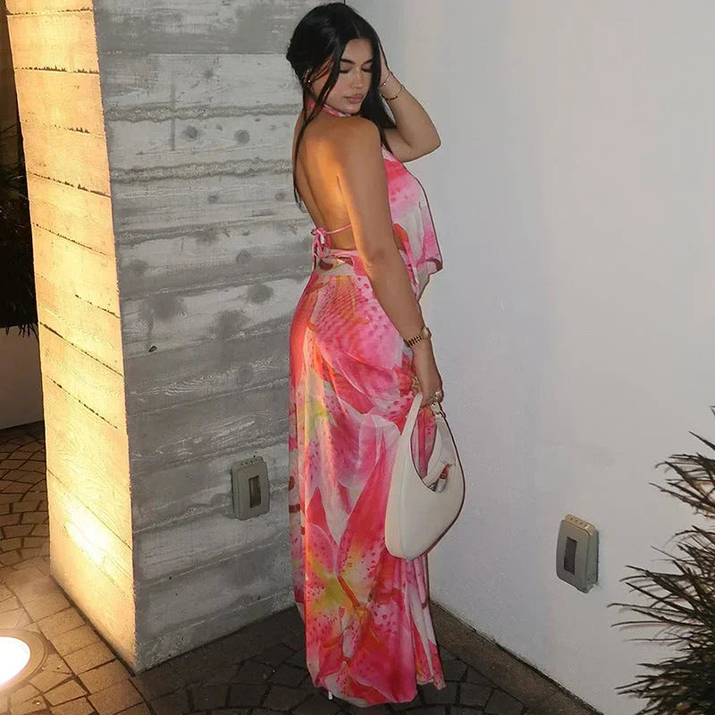 Vestido largo espalda descubierta rosa con estampado tropical verano playa