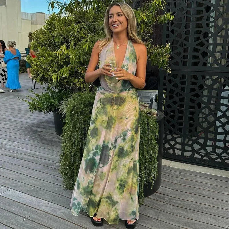Vestido largo mujer tie-dye verde y rosa con espalda descubierta