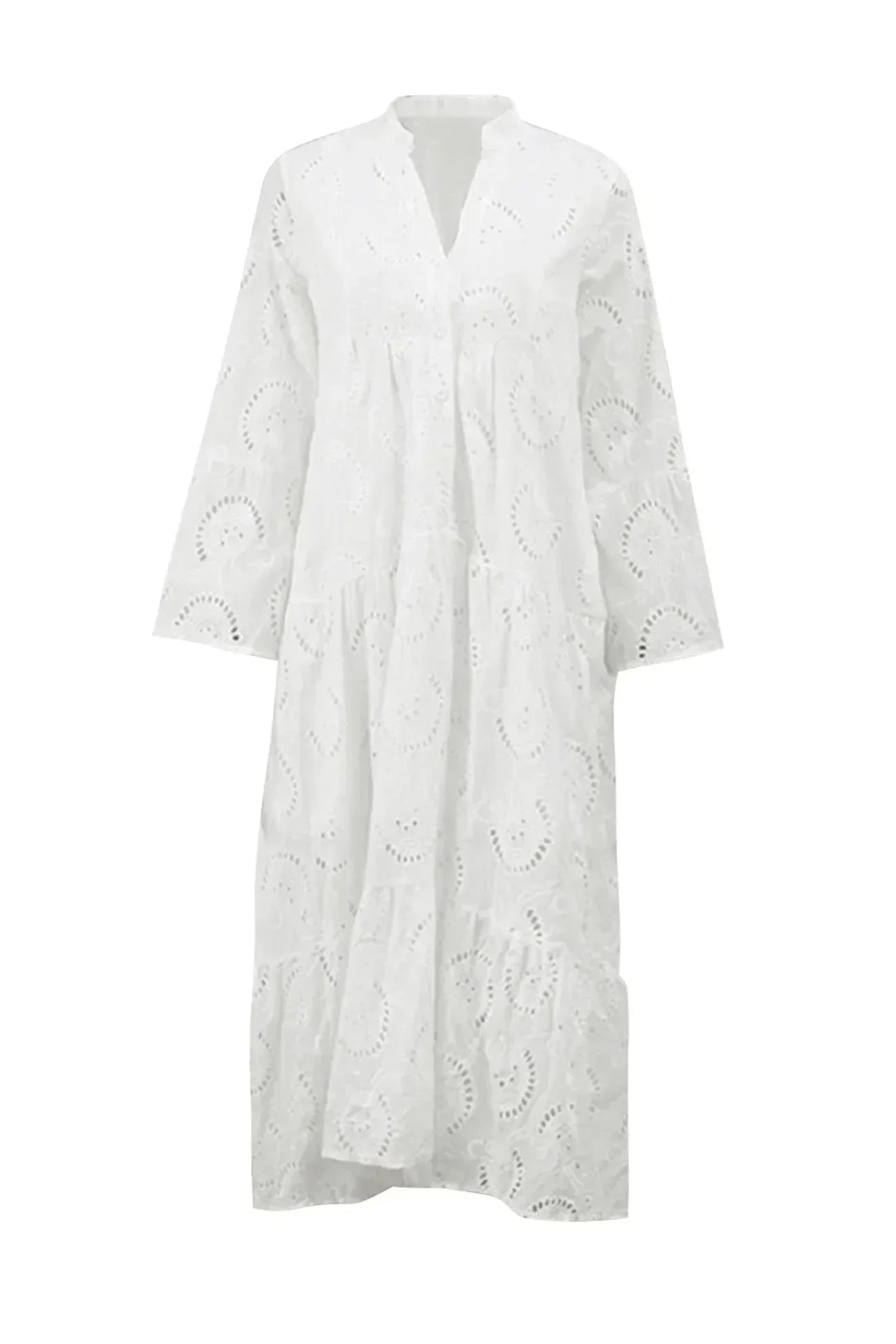 Vestido largo calado con mangas 3/4 y cuello en V para verano