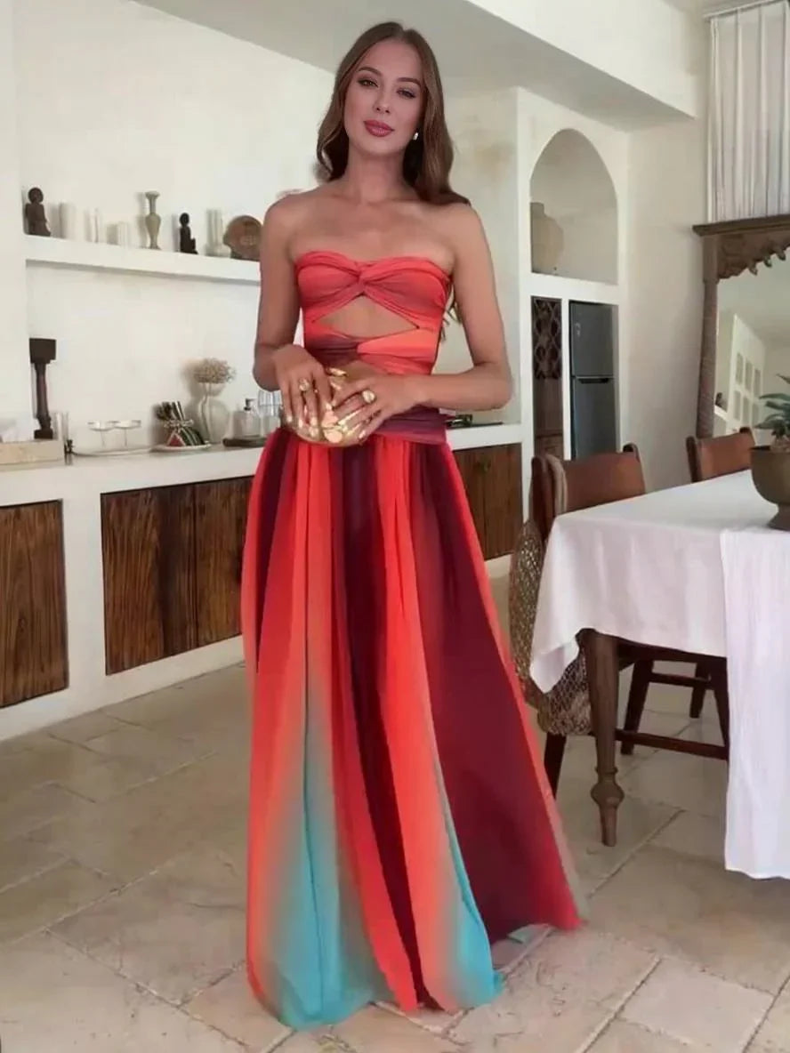 Vestido maxi mujer fluido degradado con top bandeau fruncido y abertura en la cintura
