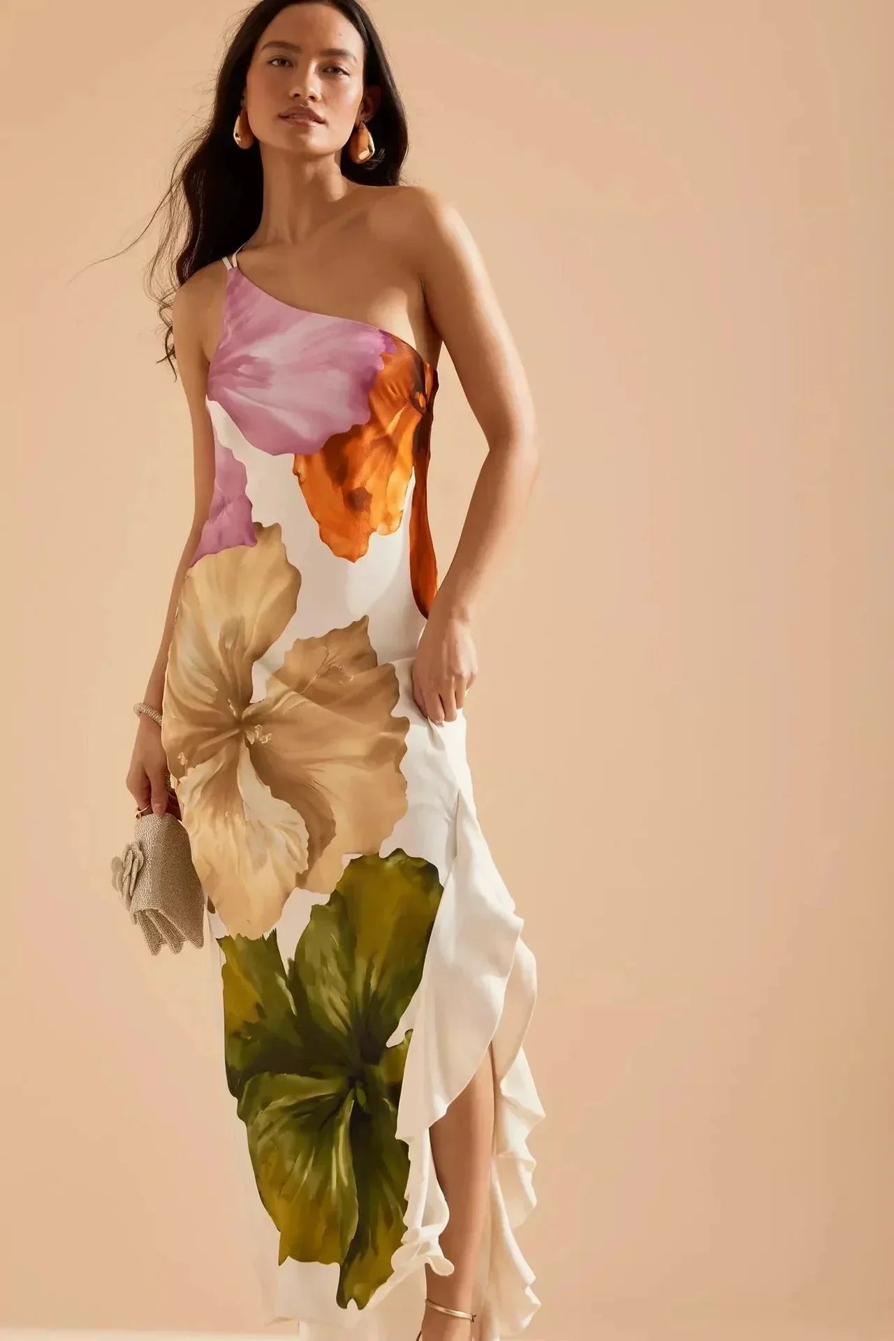 Vestido largo mujer con estampado floral multicolor y tirante fino