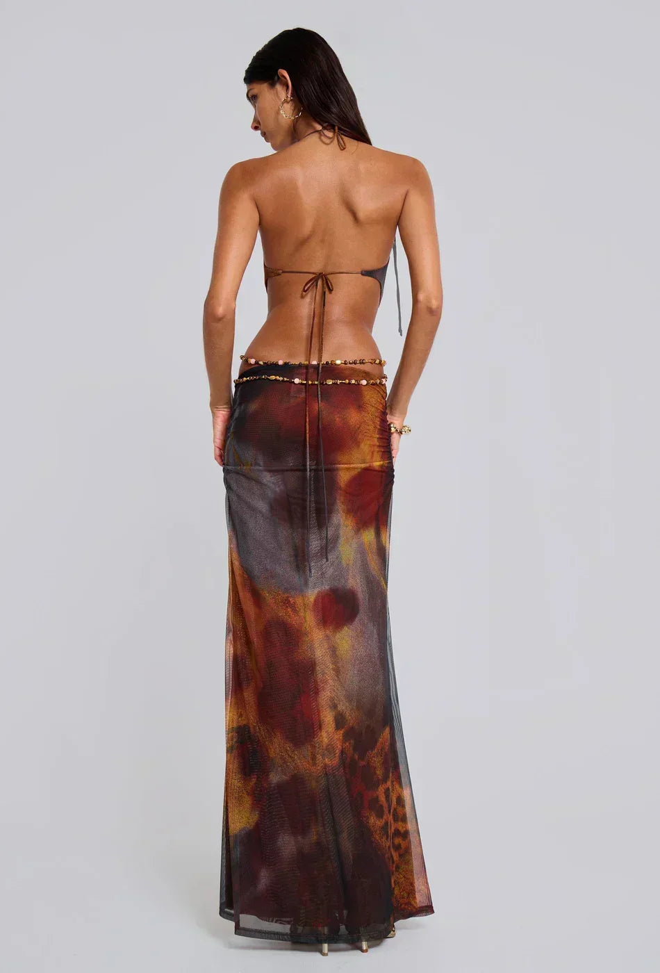 Vestido largo mujer marrón con estampado de leopardo y recortes