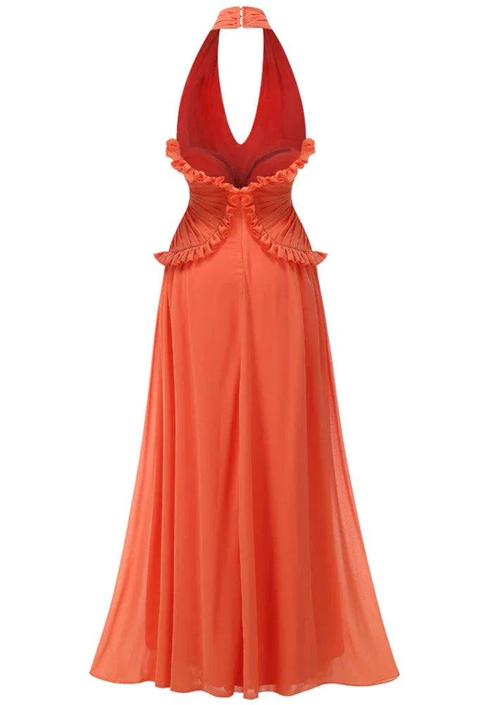 Vestido largo naranja con volantes para mujer