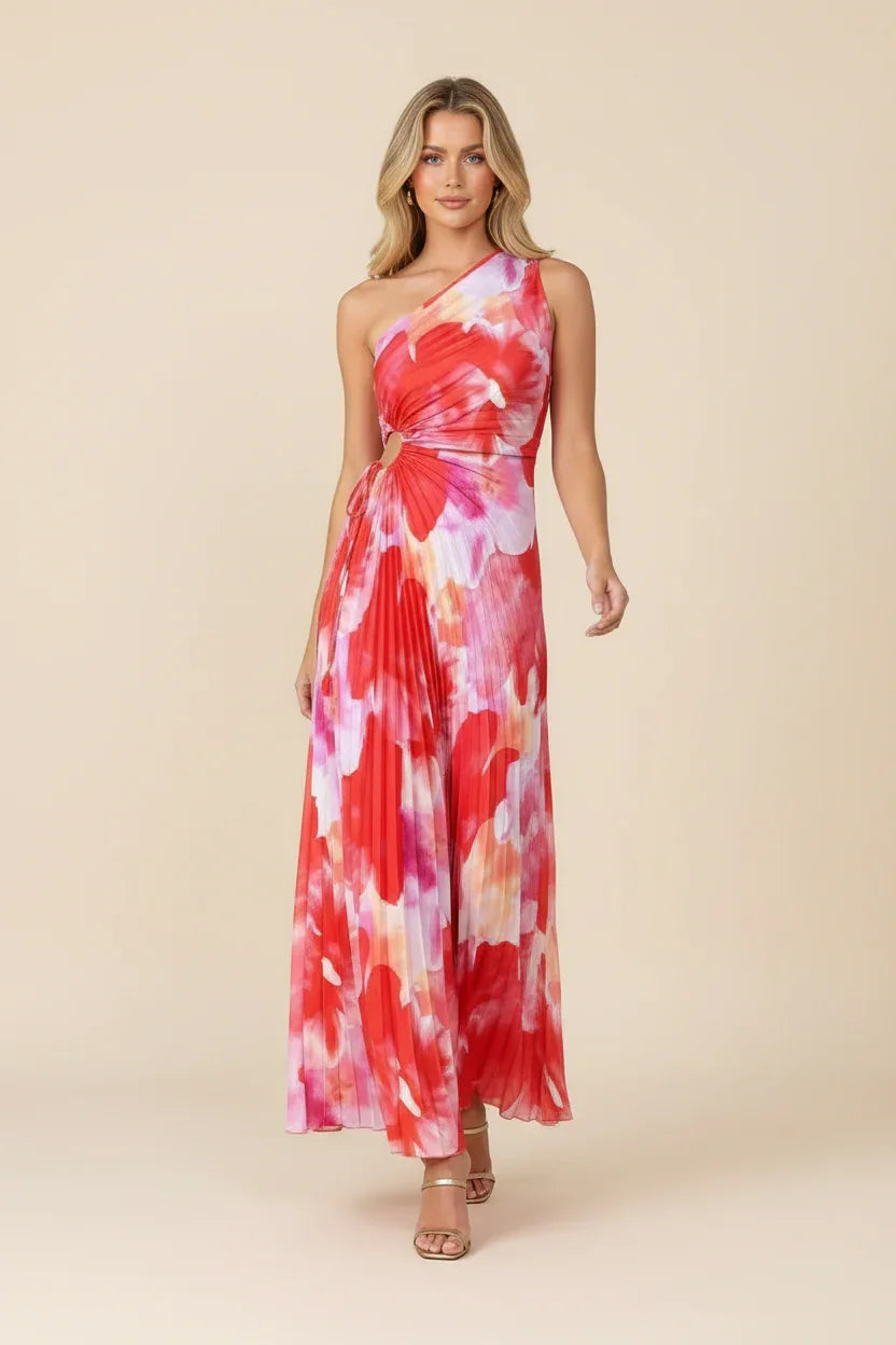 Vestido largo rojo floreado plisado para mujer