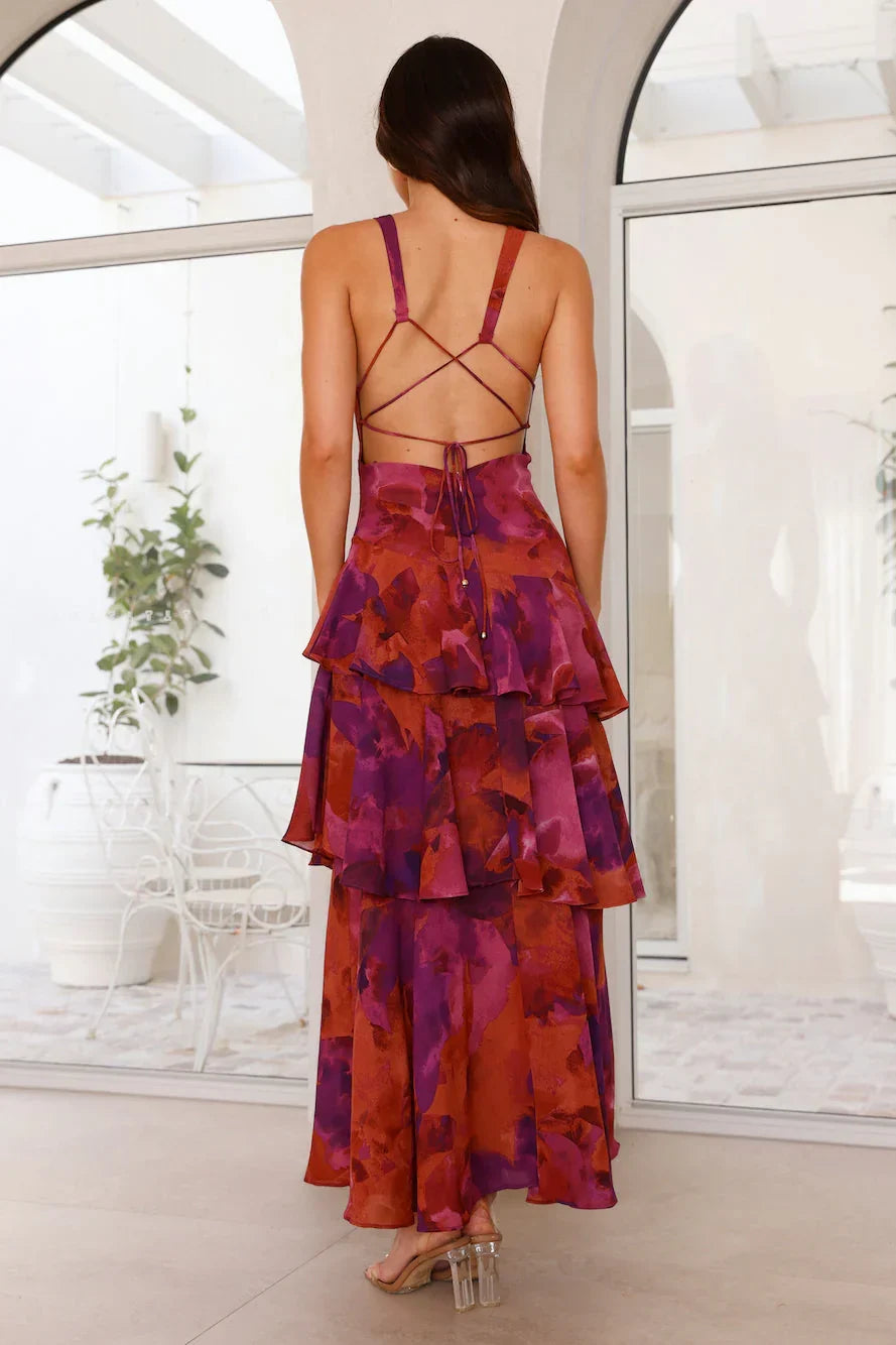 Vestido largo mujer con volantes estampados sin mangas