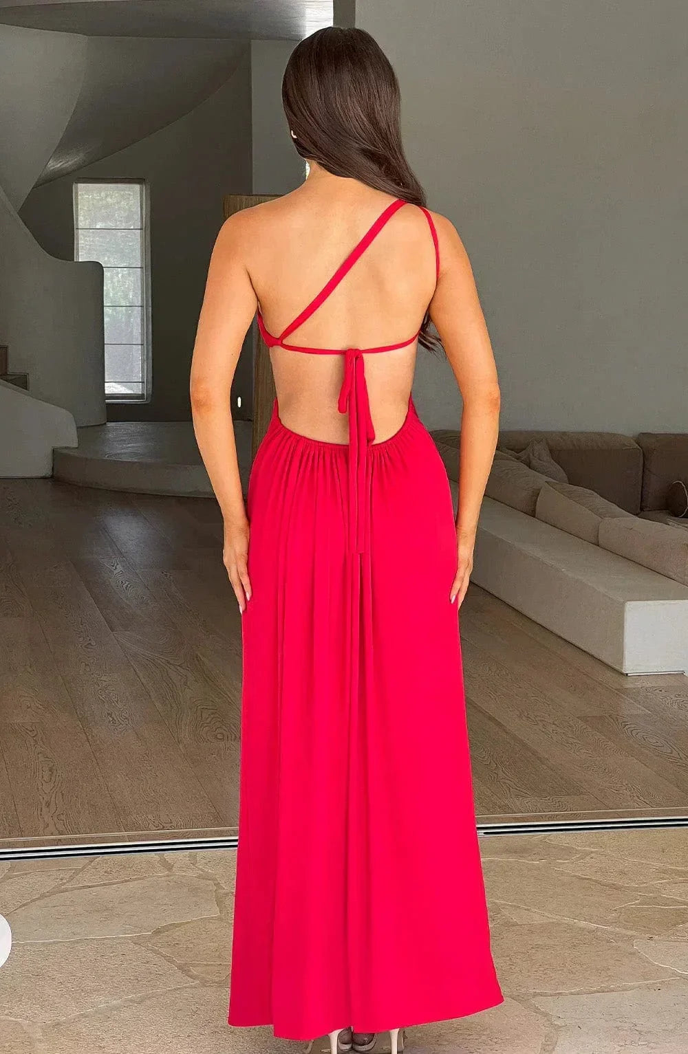 Vestido largo mujer con abertura y Hombro asimétrico
