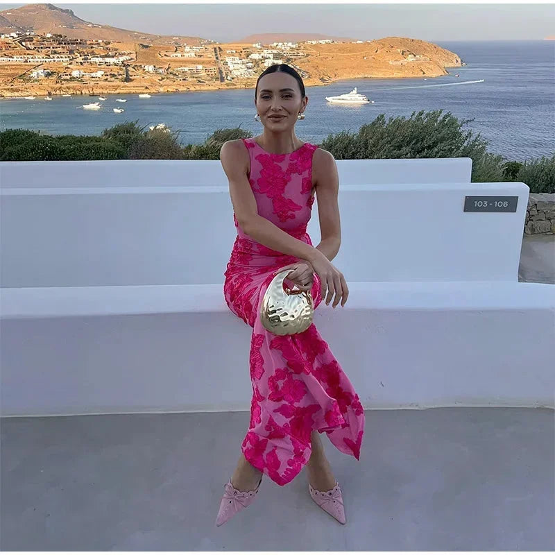 Vestido largo mujer rosa con estampado floral llamativo