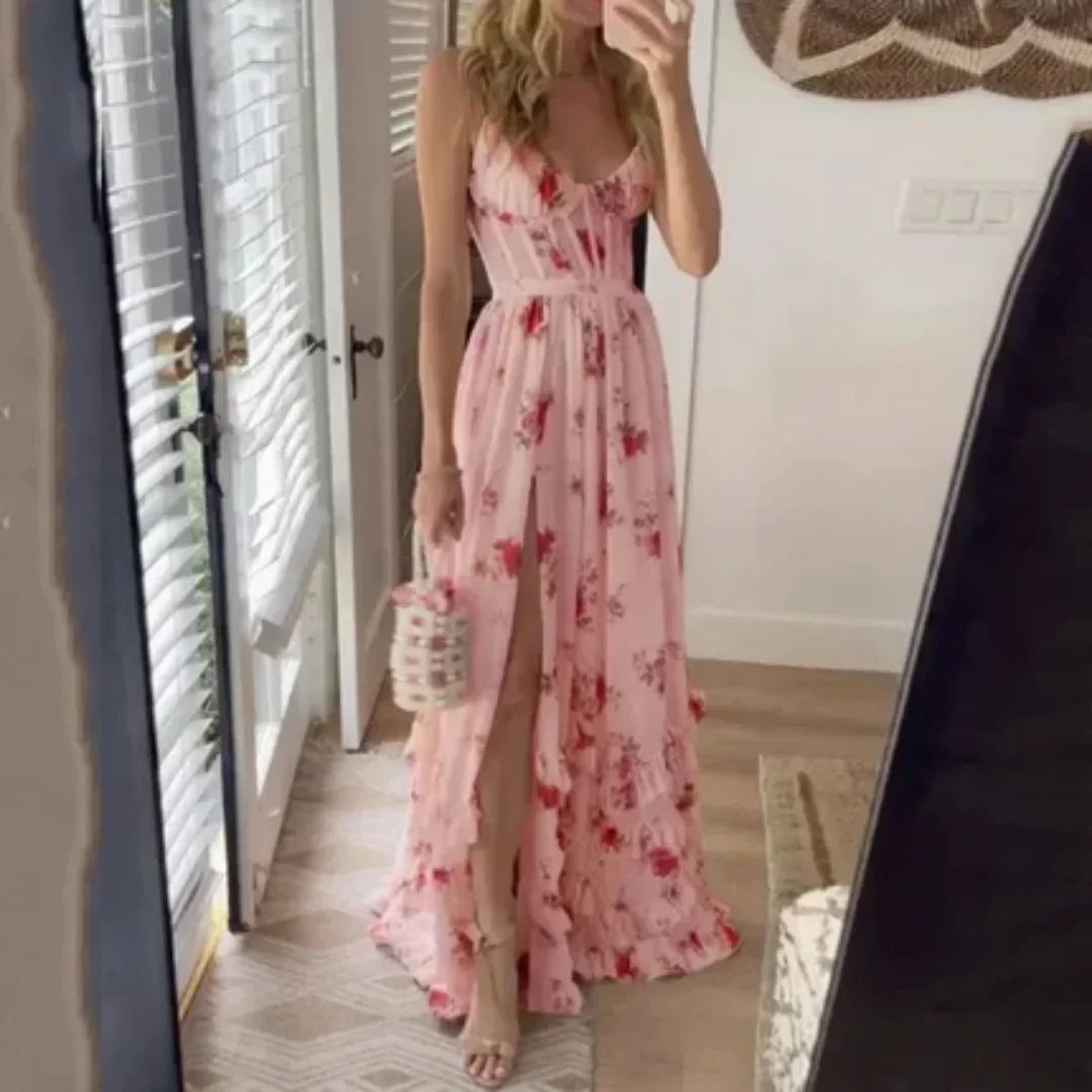 Vestido largo de mujer floreado con abertura y escote