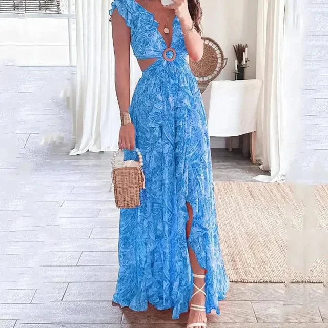 Vestido largo floral con aberturas y cuello en V elegante