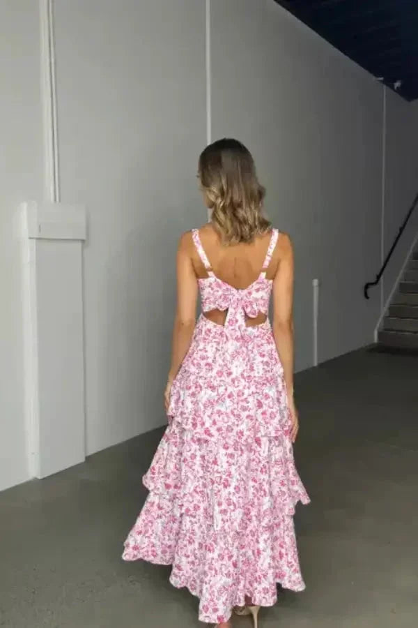 Vestido largo mujer con volantes y motivos florales verano