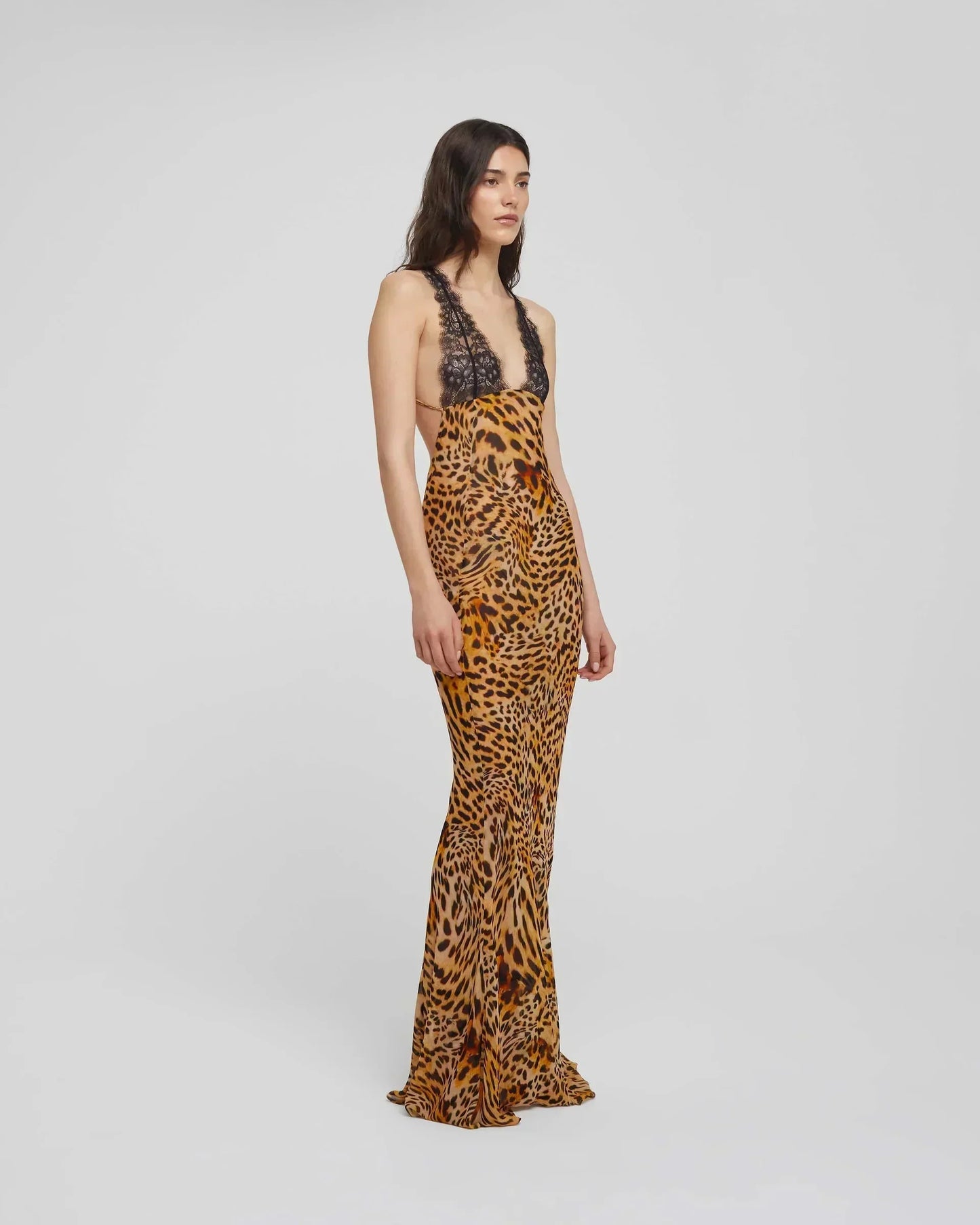 Vestido largo de noche leopardo encaje y tirantes finos