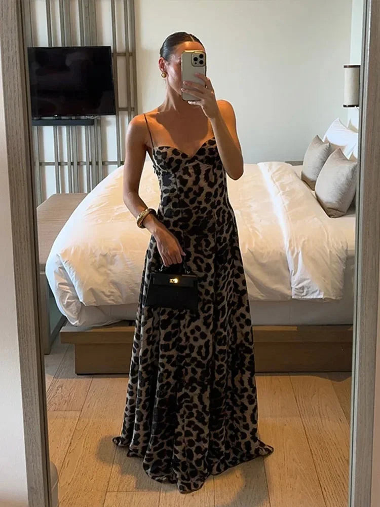 Vestido largo mujer estampado leopardo tirantes finos fluido de noche