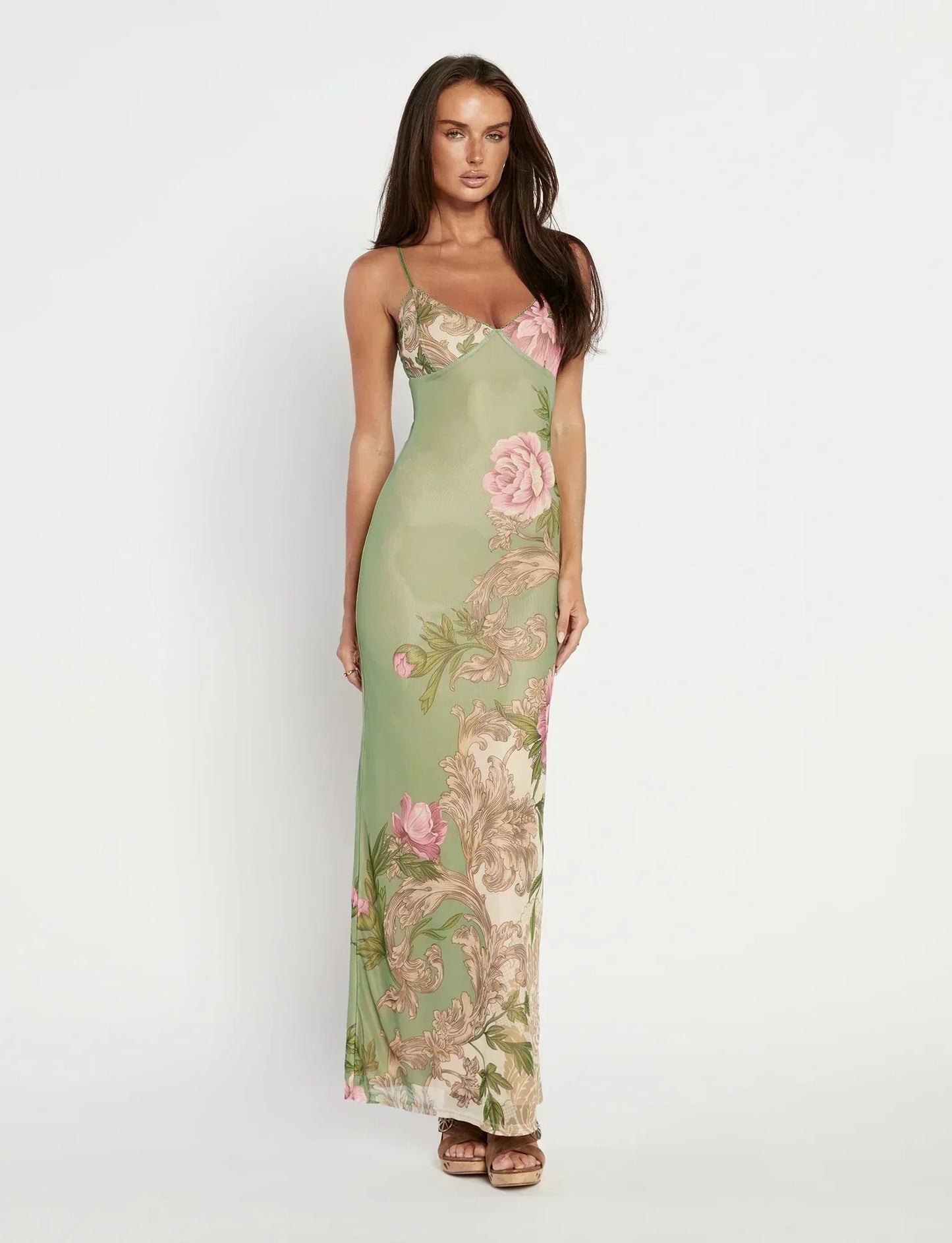 Vestido largo de mujer con estampado floral y tirantes finos
