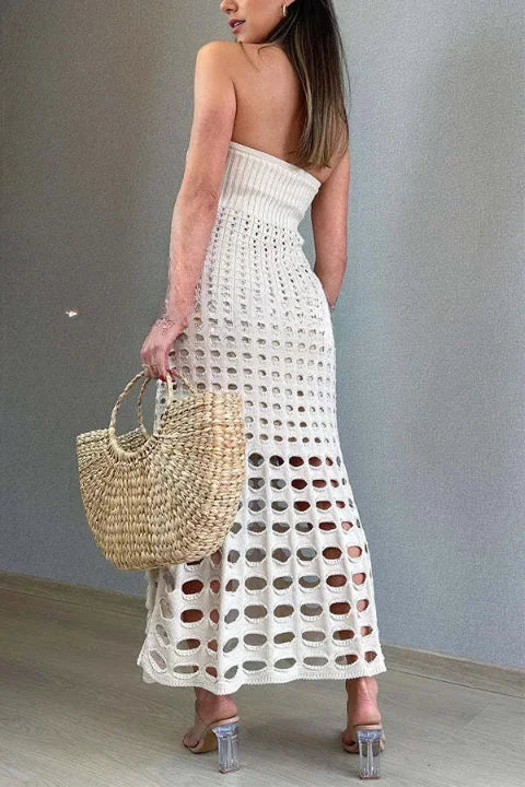 Vestido largo de mujer de punto calado con Hombros descubiertos