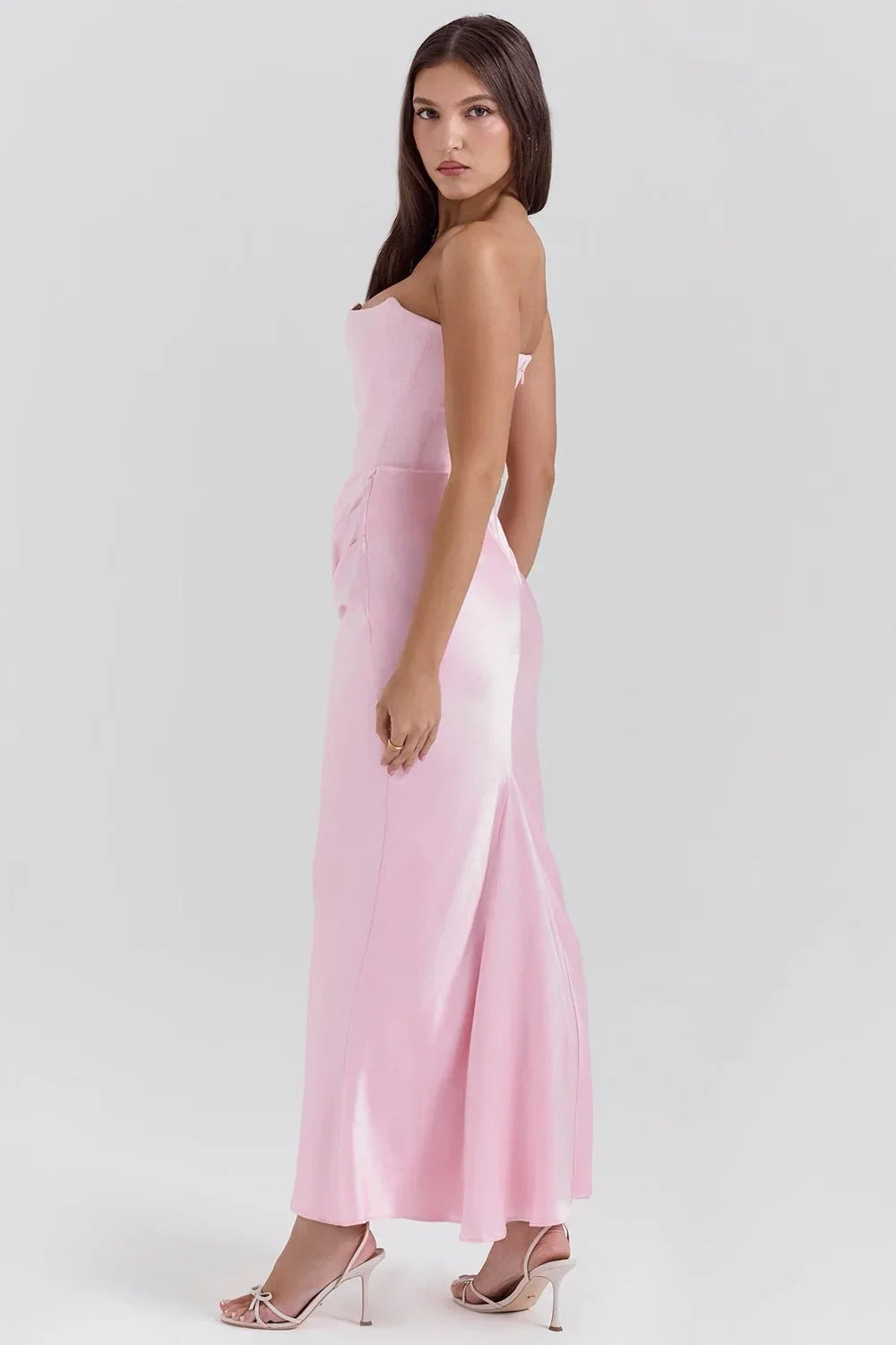 Vestido largo mujer palabra de honor drapeado rosa sin tirantes
