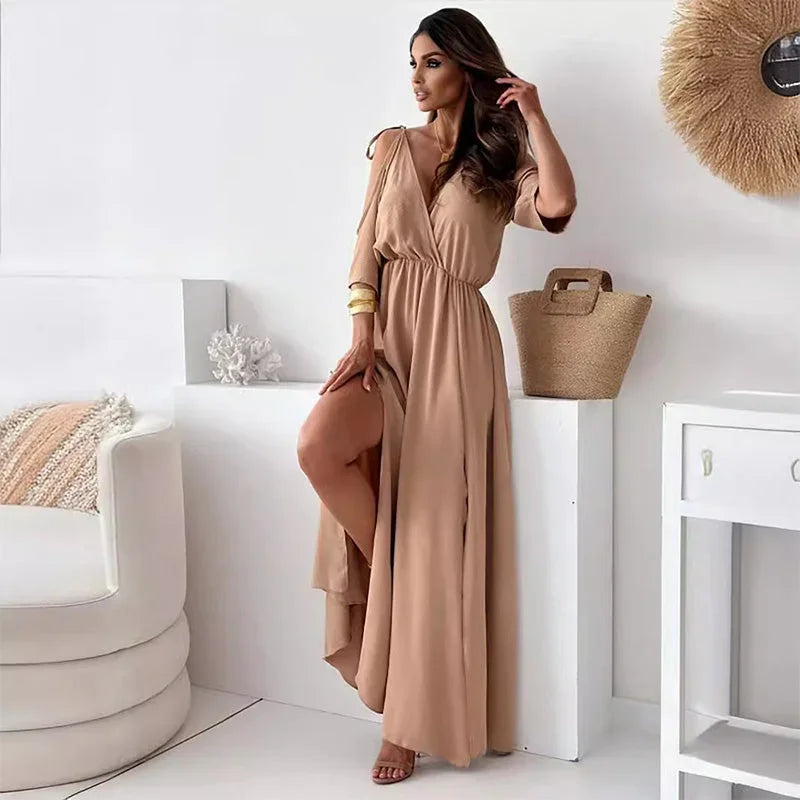 Vestido largo mujer con cuello en V y mangas abiertas