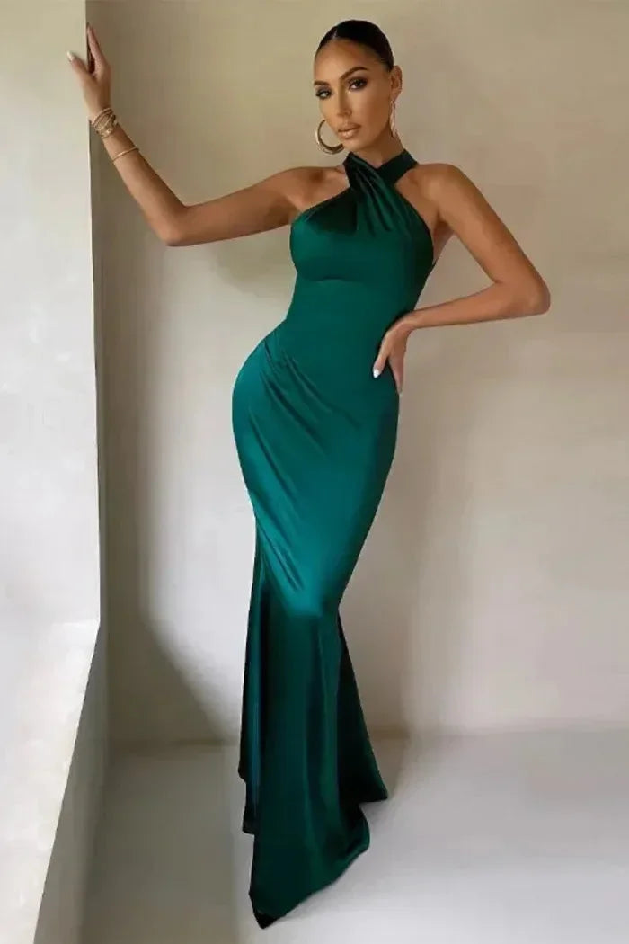Vestido largo mujer con cuello cruzado y silueta ajustada