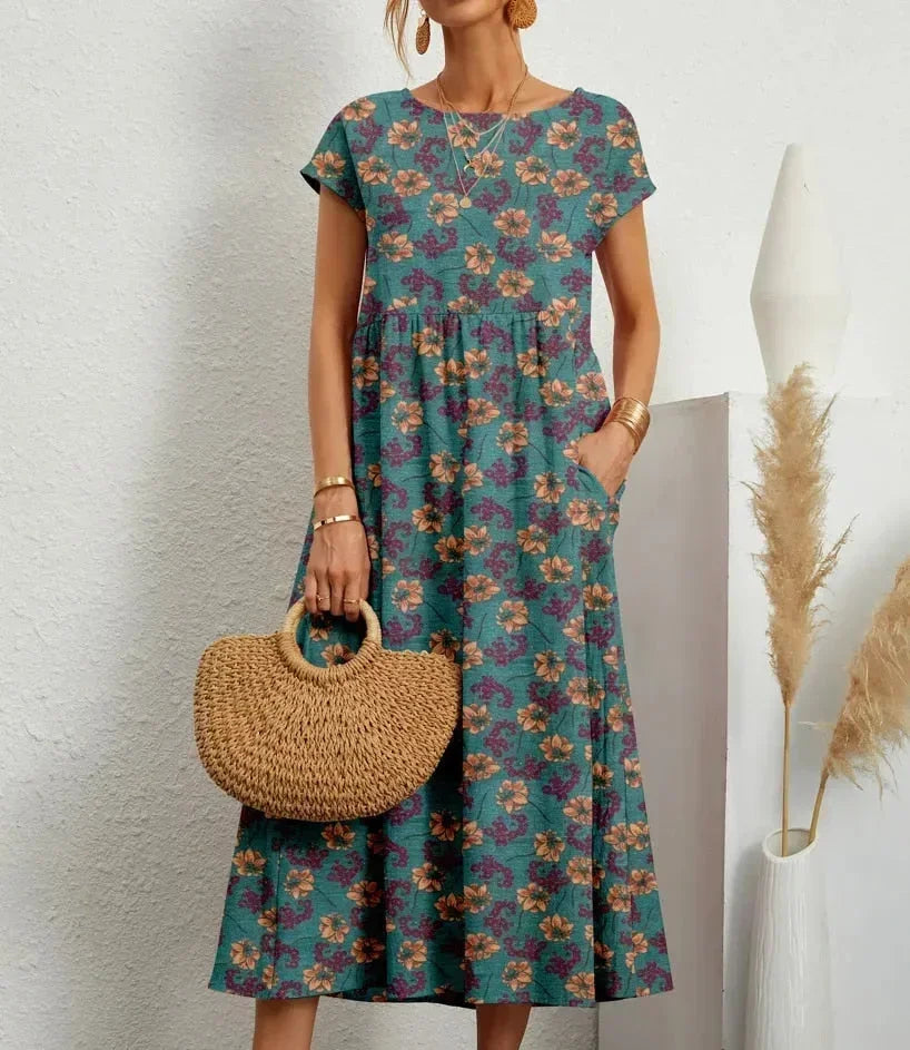 Vestido midi mujer de algodón estampado floral con bolsillos