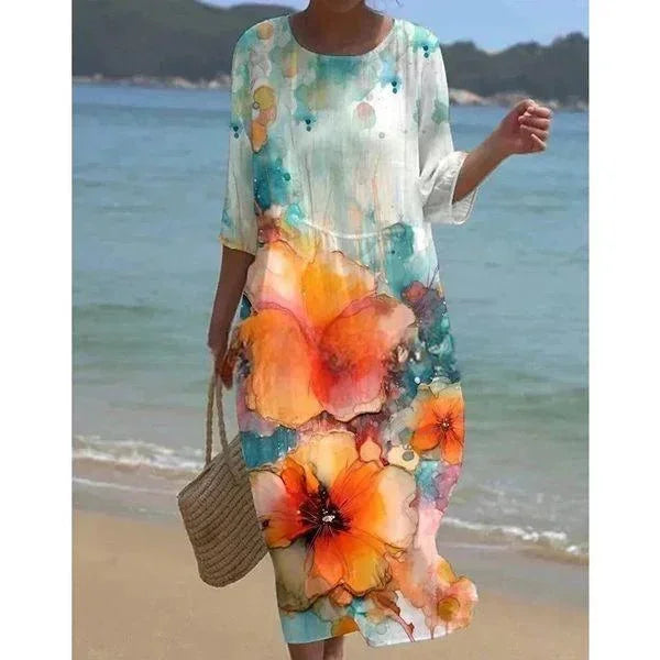 Vestido midi mujer con motivos variados mangas medio largas playa